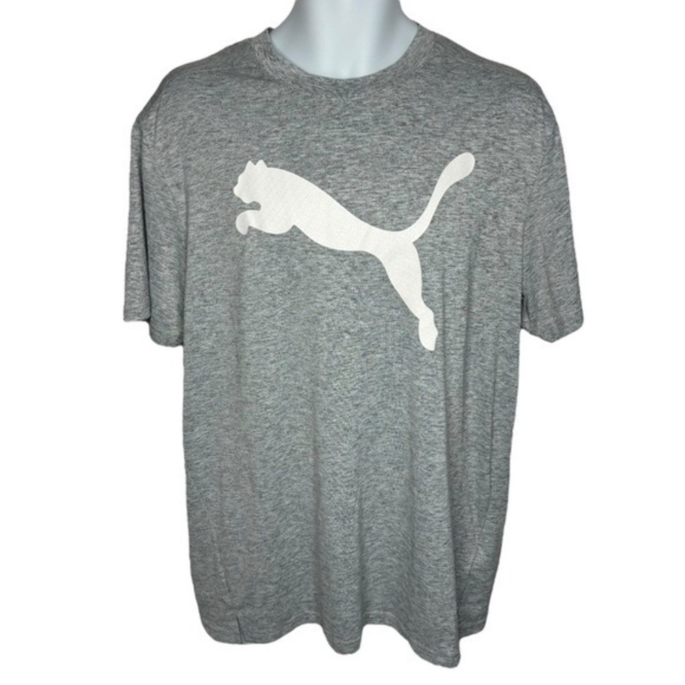 Puma Top Heathered Gray White Textured Logo Graphic Short Sleeve Tee Shirt Mens
